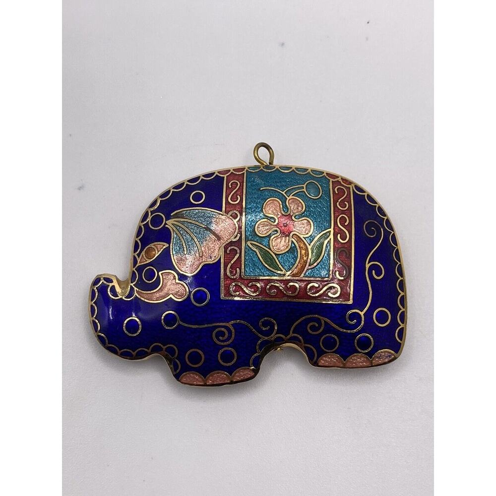 Vintage Cloisonné Blue Enamel Elephant Trunk Up Pendant